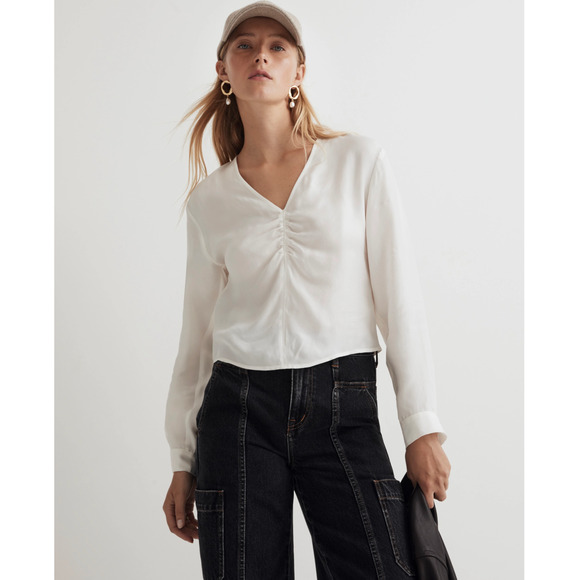 Madewell Brushed Ruched Front Top Long Sleeve White Cropped Light US 00 NWT - Picture 1 of 12